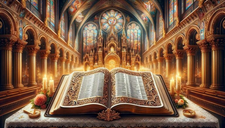 ai generated, church, bible, holy, interior, cathedral, stained glass, open bible, candles, altar, sermon, prayer, worship, religious text, ornate, sacred, spirituality, liturgy, tranquility, reflection, meditation, devotion