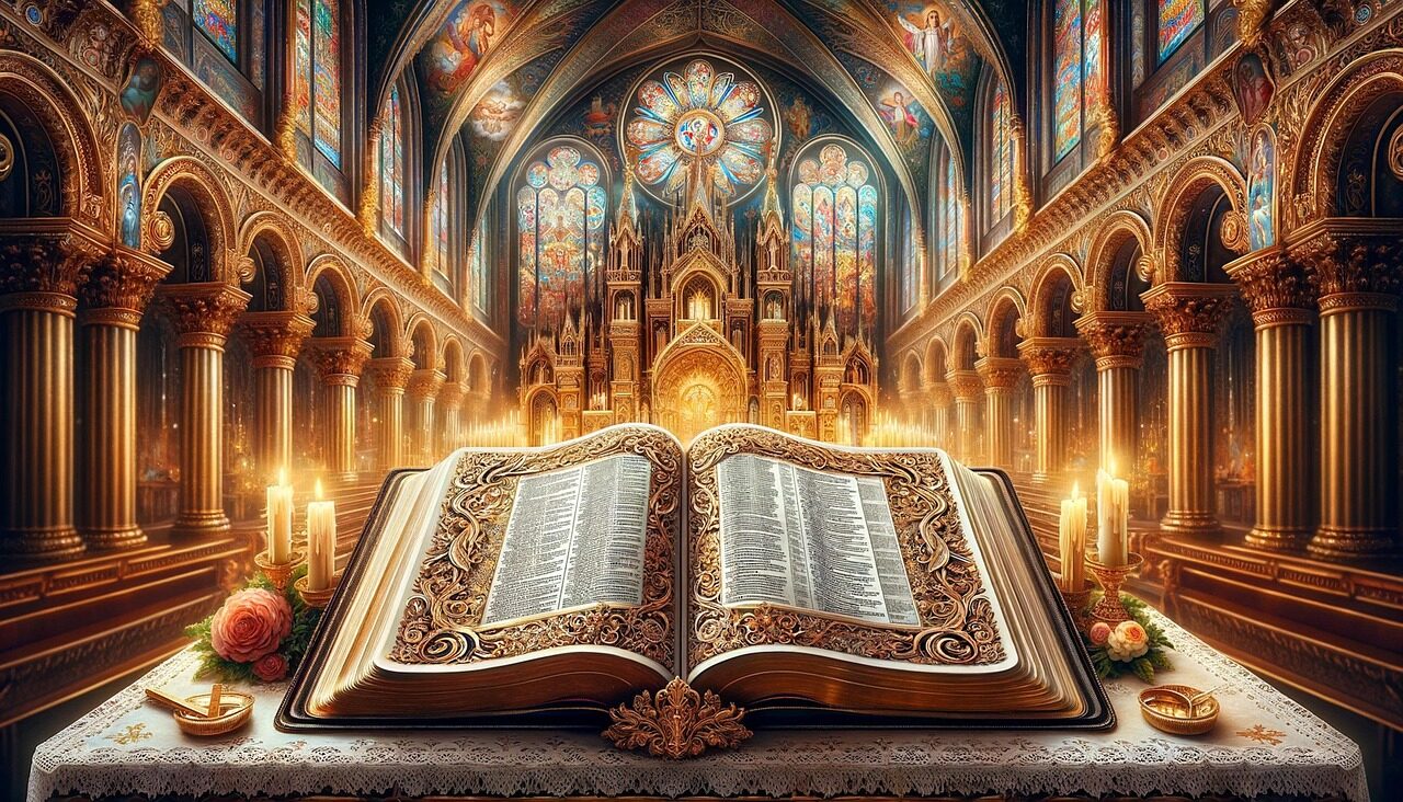 ai generated, church, bible, holy, interior, cathedral, stained glass, open bible, candles, altar, sermon, prayer, worship, religious text, ornate, sacred, spirituality, liturgy, tranquility, reflection, meditation, devotion